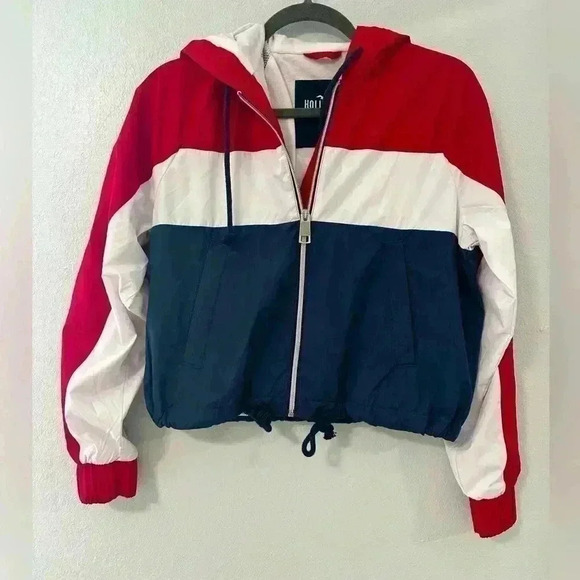 130.Hollister Color Striped Cropped Windbreaker Jacket Women’s XS Red/White/Blue - Picture 1 of 5